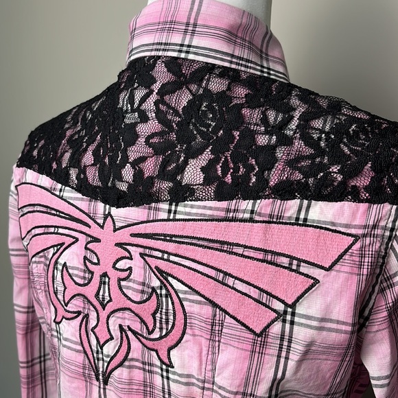 Rock & Roll Cowgirl Plaid Lace Western Long Sleeve Snap Shirt - Picture 6 of 13